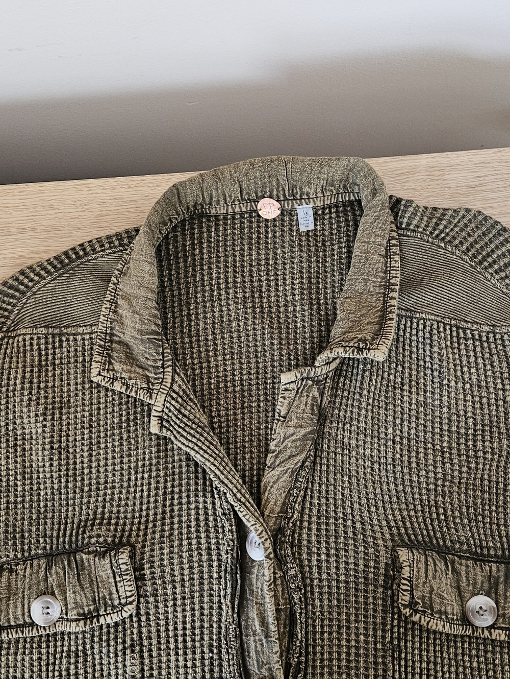Free People One Scout Dip Dye Jacket Oversized Waffle Knit Cotton Olive Size L - Picture 6 of 11
